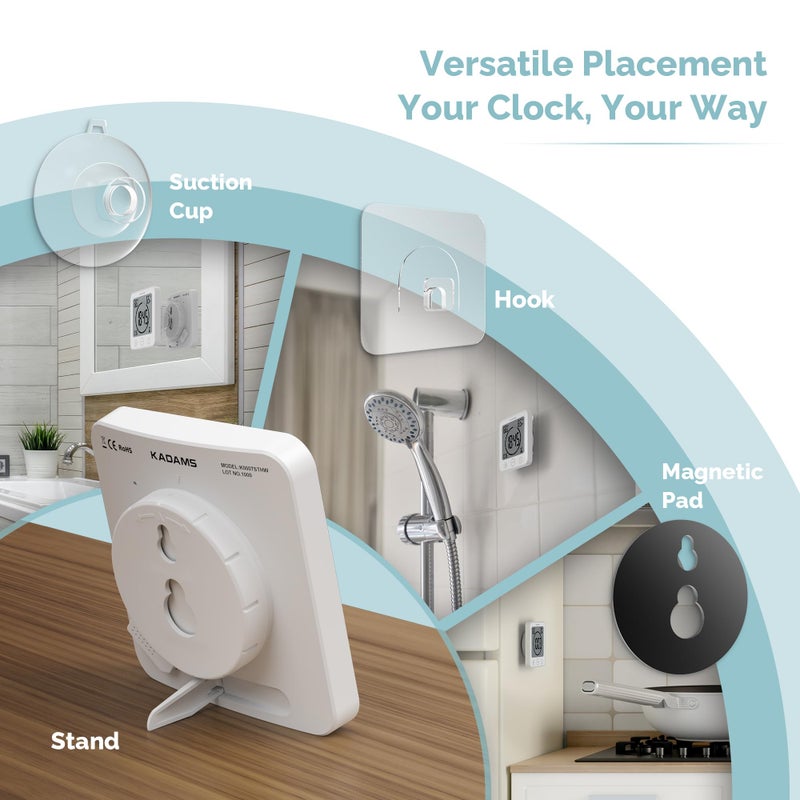 KADAMS Shower Clock Waterproof Bathroom Timer â€“ Digital Wall Clock with Countdown, Magnetic Kitchen Clock with Temperature & Humidity, Suction Cup for Kids Shower Spa Sauna Cook Bath, White - Image 5